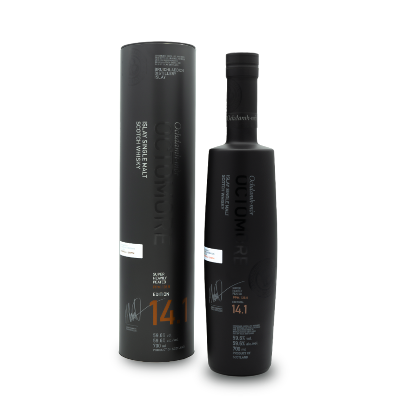 Bouteille noire mate d'Octomore Edition 14.1 de Bruichladdich, chiffres orange, et son étui cylindrique noir Bouteille noire mate d'Octomore Edition 14.1 de Bruichladdich, chiffres orange, et son étui cylindrique noir