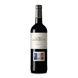 Bouteille de Cahors Malbec 2014 du Château Lagrézette, étiquette signée Alain-Dominique Perrin