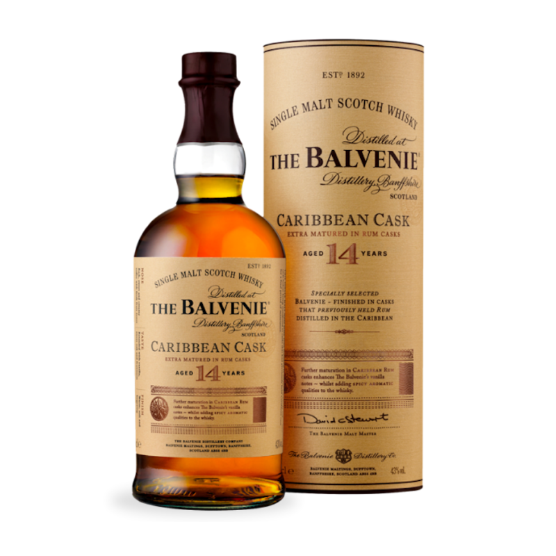 The Balvenie Caribbean Cask 14 ans présenté avec son étui cylindrique signé par le malt master David Stewart