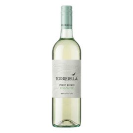 Bouteille de Pinot Grigio Venezia DOC de Torresella, étiquette blanche à la mouette et capsule vert d'eau