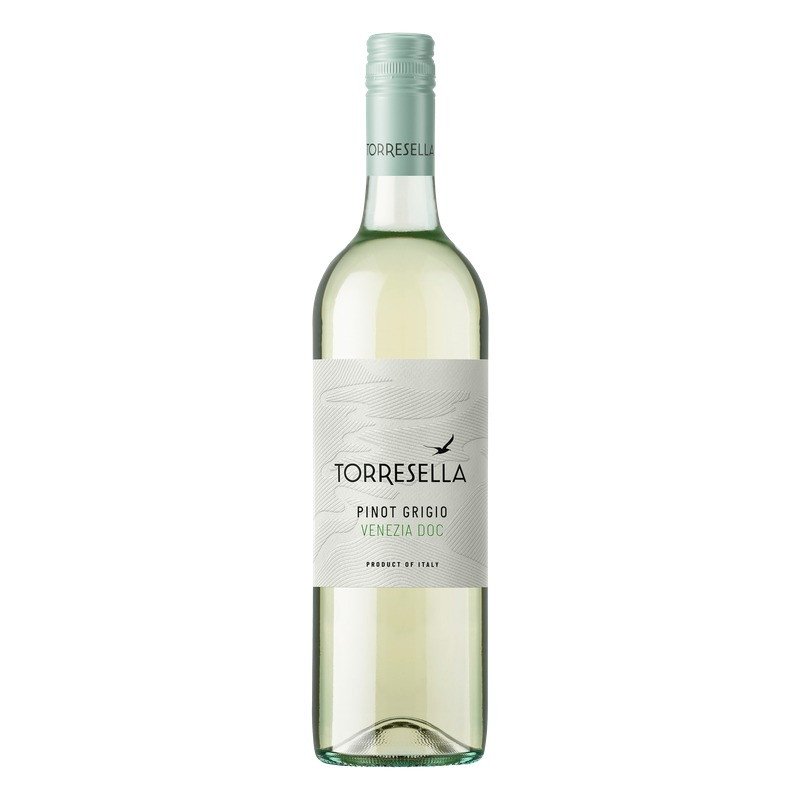 Bouteille de Pinot Grigio Venezia DOC de Torresella, étiquette blanche à la mouette et capsule vert d'eau Bouteille de Pinot Grigio Venezia DOC de Torresella, étiquette blanche à la mouette et capsule vert d'eau