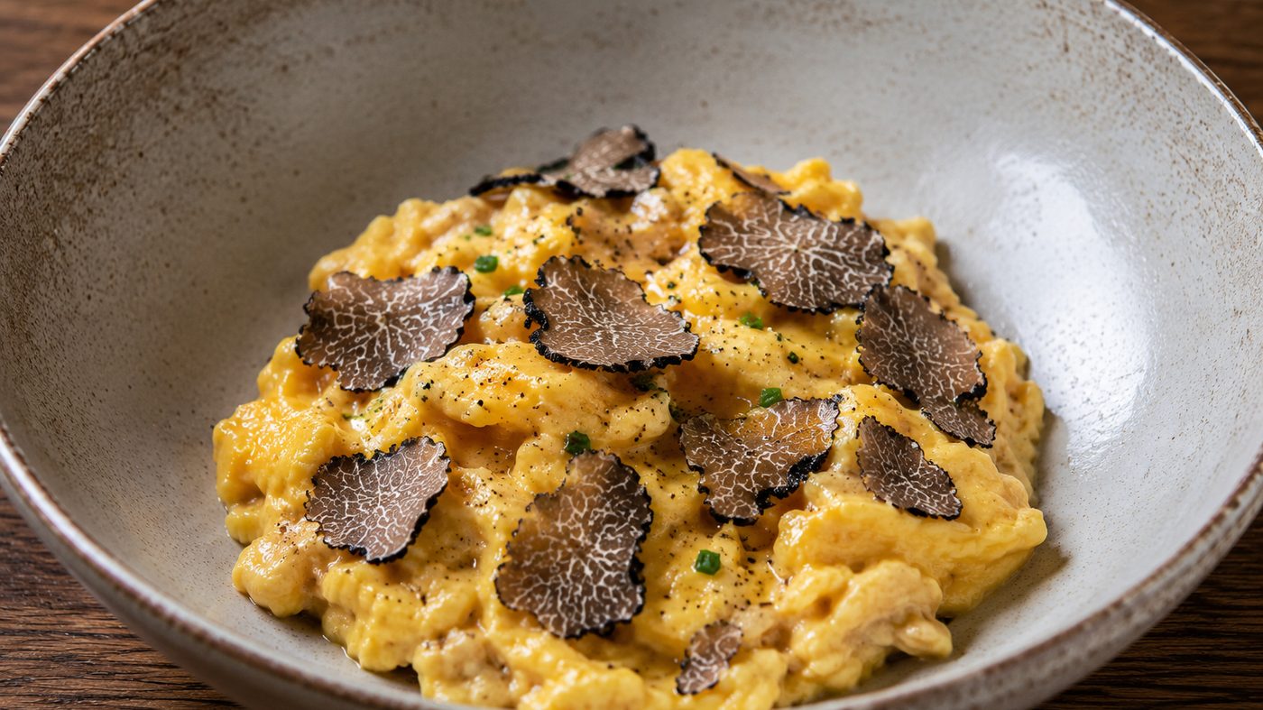 Œufs brouillés crémeux recouverts de lamelles de truffe noire, servis dans une assiette creuse en grès