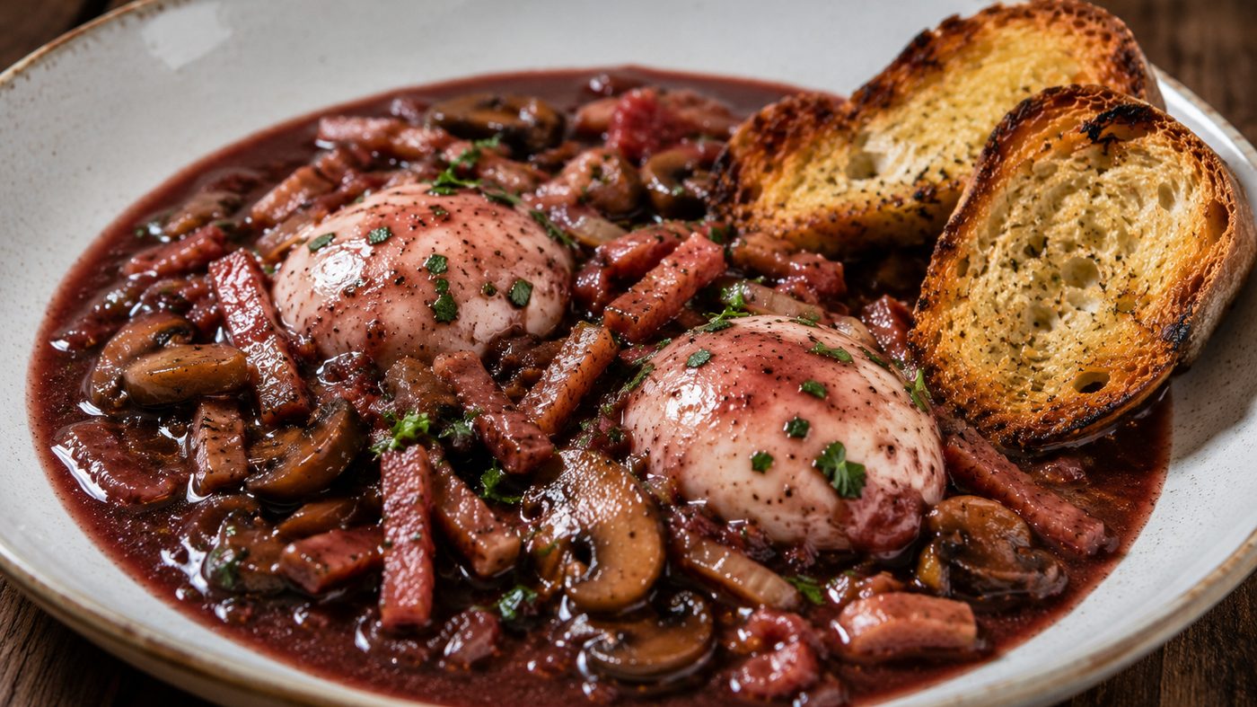 Œufs pochés en meurette nappés de sauce au vin rouge avec lardons et champignons, servis avec du pain grillé