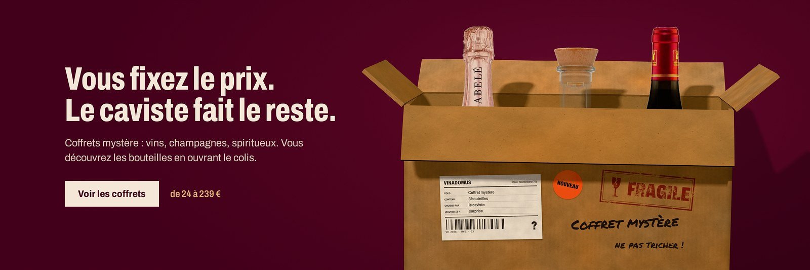 Coffrets mystère Vinadomus : vous fixez le prix, le caviste choisit les bouteilles